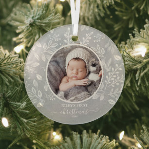 Ornement En Verre Première photo de Noël de bébé Pewter
