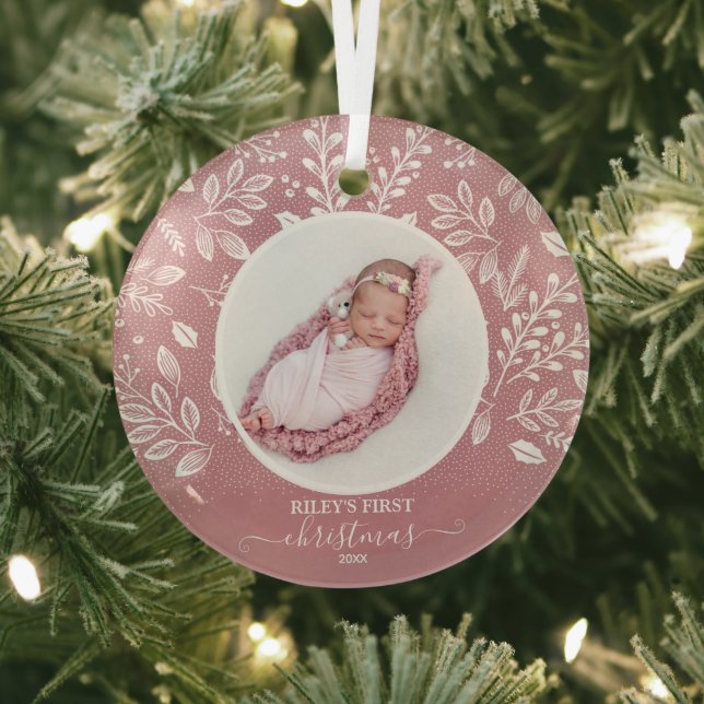 Ornement En Verre Première photo rose de Noël du bébé (Insitu)