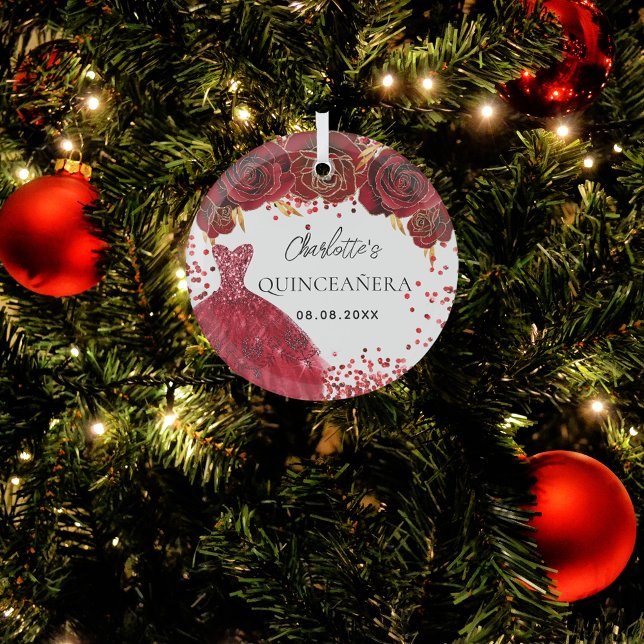 Ornement En Verre Quinceanera rouge fleurs de robe blanc (Créateur téléchargé)