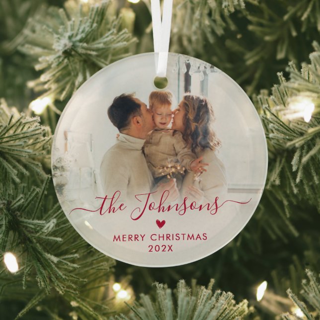 Ornement En Verre Red Cute Heart Script Family Photo Joyeux Noël (Insitu)