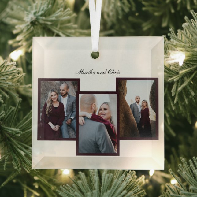 Ornement En Verre Red Elegant Engagé Marié Script 3 Photo Collage (Insitu)