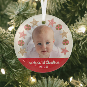 Ornement En Verre Red First Christmas Baby Photo Girl Cookie Wreath