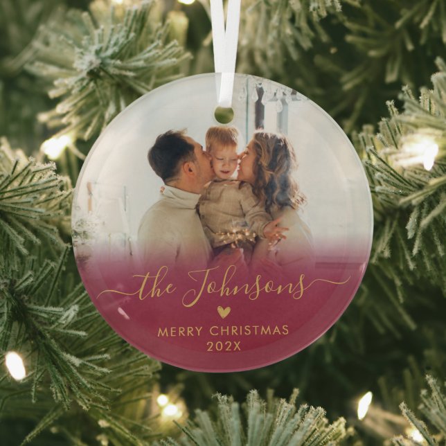 Ornement En Verre Red Gold Script Family Photo Joyeux Noël (Insitu)