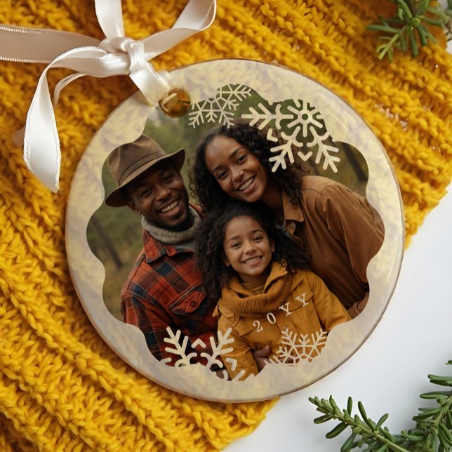 Ornement En Verre Retro Minital Wavy Photo Frame Snowflake Photo (Retro Minital Wavy Photo Frame Snowflake Photo Glass Ornament)