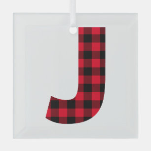 Ornement En Verre Rouge et noir motif carreau buffalo lettre J majus