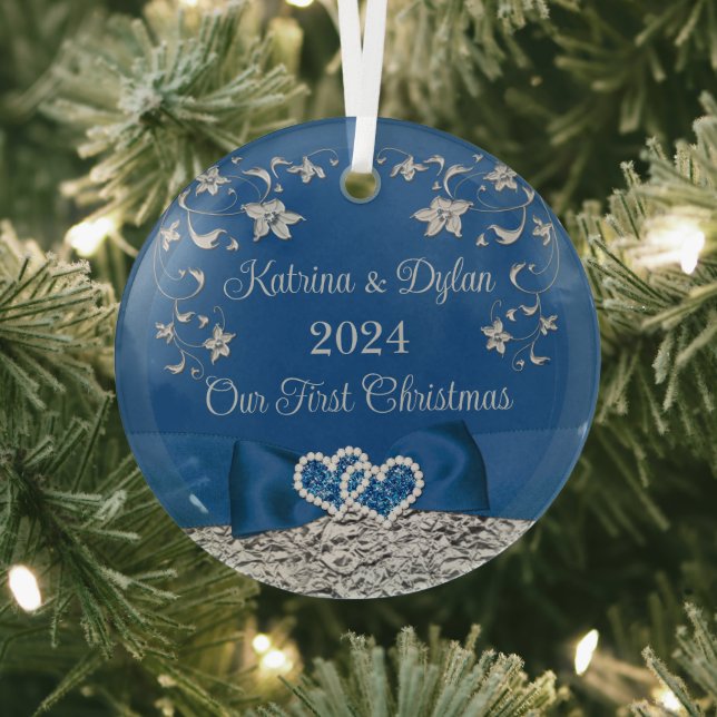 Ornement En Verre Royal Blue Grey Love Hearts Mariage 1er Noël (Insitu)