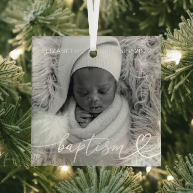 Ornement En Verre Saint Baptême Élégant Moderne Chic Coeur Bébé Phot (Insitu)