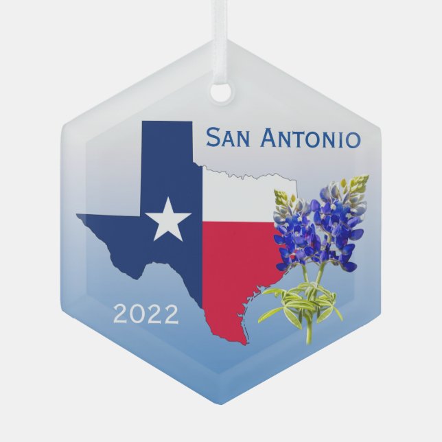 Ornement En Verre San Antonio Texas, Outline & Bluebonnets Orament (Recto)