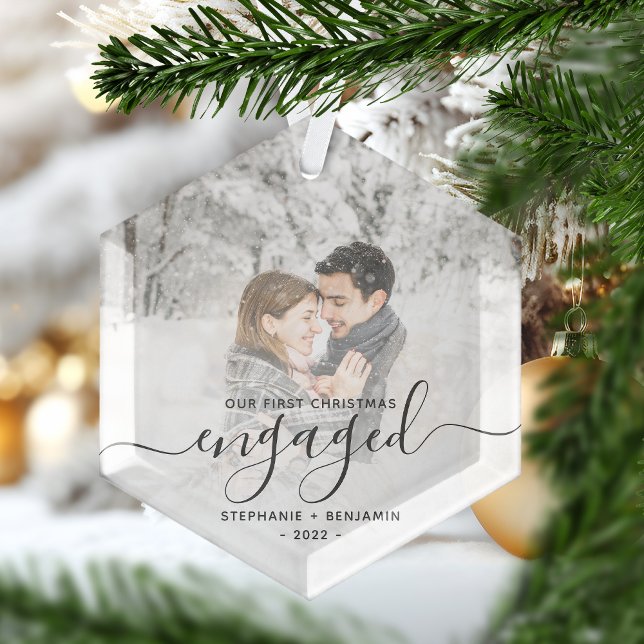 Ornement En Verre Script gris photo personnalisé de Noël (Créateur téléchargé)