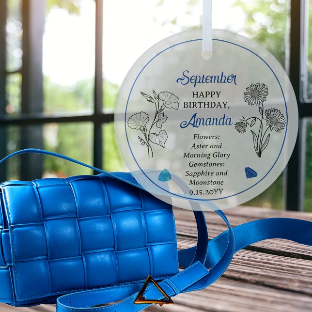 Ornement En Verre Septembre Aster | Gloire du matin Anniversaire Kee (September Aster and Morning Glory Floral | Sapphire, Moonstone Gemstones Birthday Keepsake Ornament)