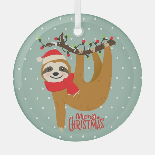 Ornement En Verre Sloth Joyeux Noël mignon Festif Animal de vacances (Recto)