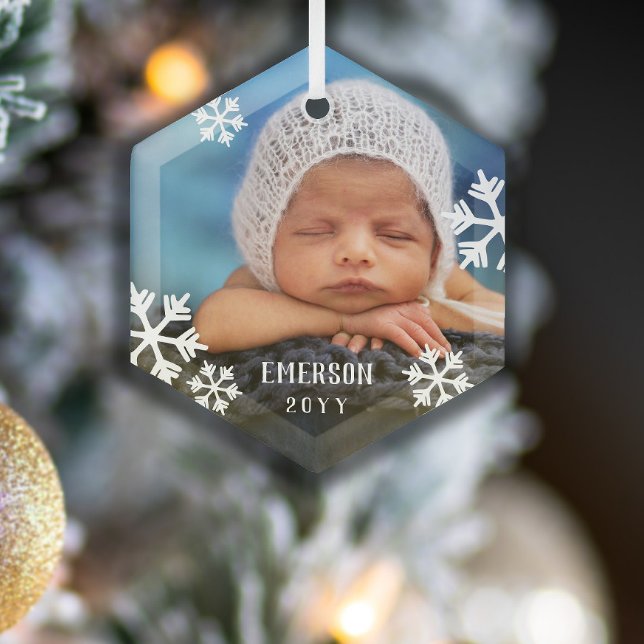 Ornement En Verre Snowflakes Drifting Baby Photo Ajouter Nom et anné (Créateur téléchargé)