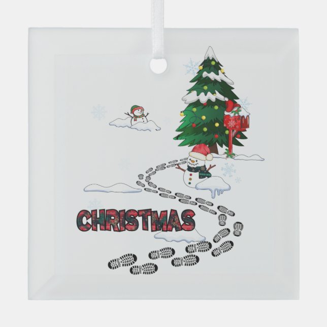 Ornement En Verre Snowman, arbre de Noël, empreintes, neige (Recto)