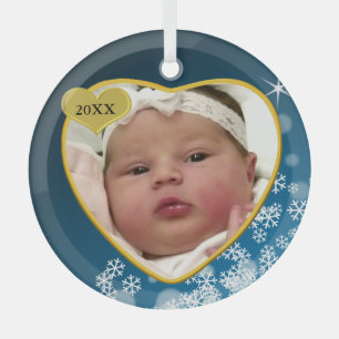Ornement En Verre Snowy Dark Blue Baby's Birth Year Photo Noël