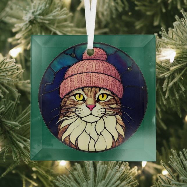 Ornement En Verre Stained-Glass Christmas Tabby Cat In Pink Cap (Insitu)