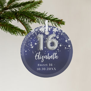 Ornement En Verre Sweet 16 étoiles bleu marine en argent
