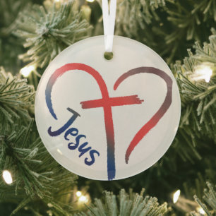 Ornement En Verre Symbole de Jésus Croix et d'Amour du Coeur