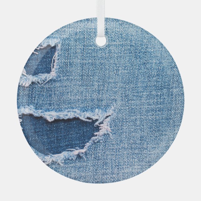 Ornement En Verre Tissu en denim déchiré, teintes bleues. (Recto)