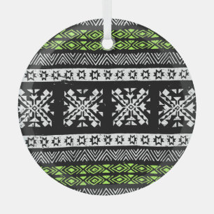 Ornement En Verre Tribal Navajo, motif noir blanc vert.
