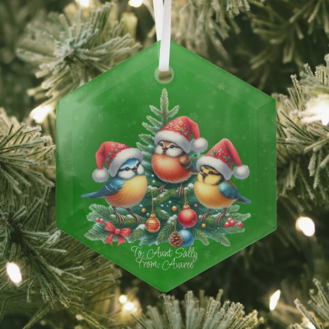 Ornement En Verre Trois Songbirds En Casquette Rouge (Insitu)