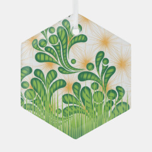Ornement En Verre Un motif artistique vert et or représentant un arb