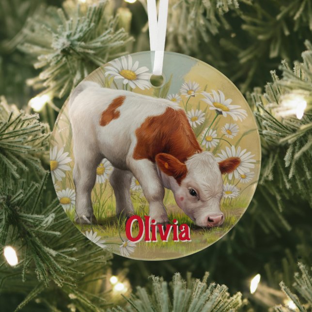 Ornement En Verre Vache bébé mignonne, Marguerites, Pays, Aquarelle (Insitu)
