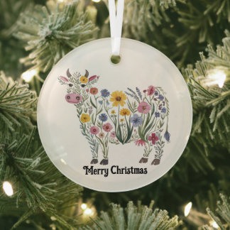 Ornement En Verre Vache mignonne, Aquarelle Fleurs sauvages, Pays, F