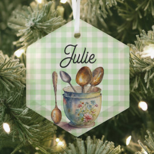 Ornement En Verre "Vert et Blanc à Damier - Cuillères dans Tasse