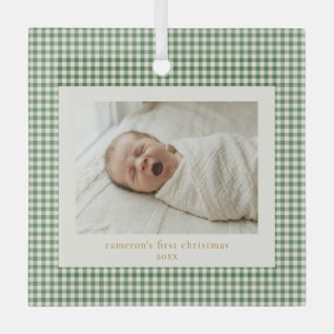 Ornement En Verre Vert Gingham Carreaux Premier Noël de Bébé Personn