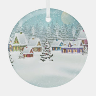 Ornement En Verre Village d'hiver : paysage enneigé