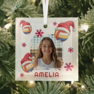 Ornement En Verre Volleyball Chapeau de Père Noël Nom Photo Noël 