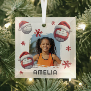 Ornement En Verre Volleyball Santa Chapeau Nom Photo Noël 