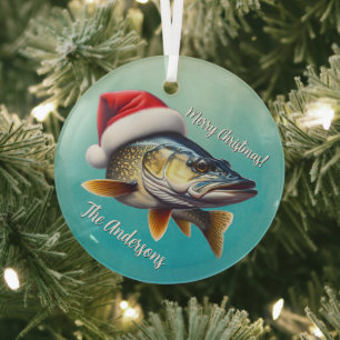 Ornement En Verre Walleye portant un chapeau de Père Noël