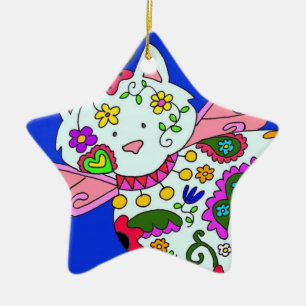 Ornement Étoile En Céramique Art populaire d'Ukrainien d'ange de chat