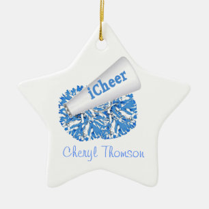Ornement Étoile En Céramique Bleu clair et Pom-pom girl blanc
