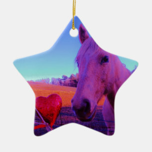 Ornement Étoile En Céramique Cheval Brown et Coeur Rouge