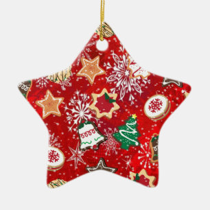 Ornement Étoile En Céramique Cookies de Noël et flocons de neige en rouge
