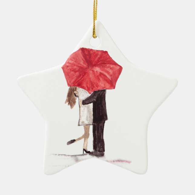 Ornement Étoile En Céramique Couple amoureux sous parapluie rouge (Devant)