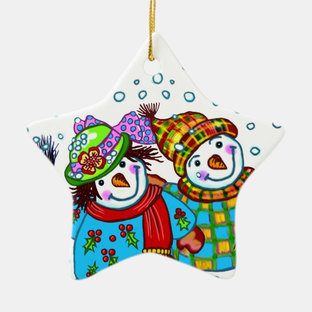 Ornement Étoile En Céramique Couple Bonhomme de Neige  (Devant)