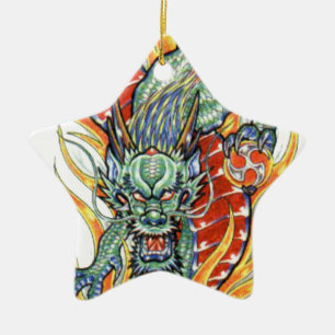 Ornement Étoile En Céramique Dragon japonais et fleur de lotus