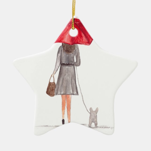 Ornement Étoile En Céramique Fille avec parapluie rouge (Devant)