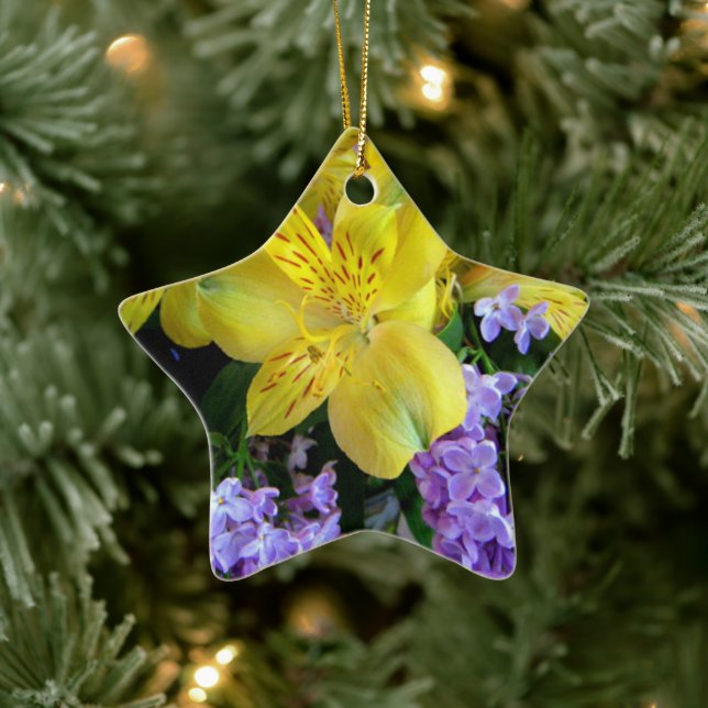 Ornement Étoile En Céramique Jaune et Fleurs Lilac Violettes (Arbre)