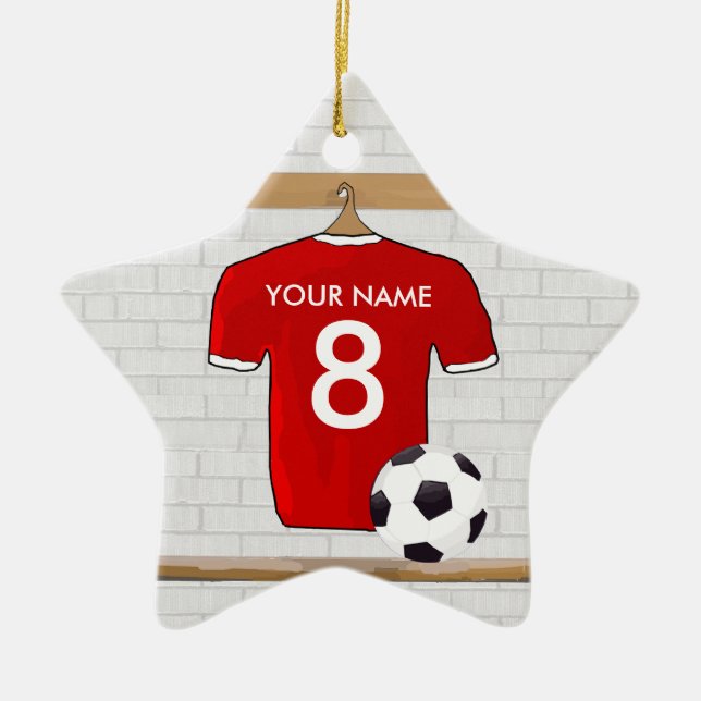 Ornement Étoile En Céramique Jersey de football rouge et blanc personnalisé (Devant)