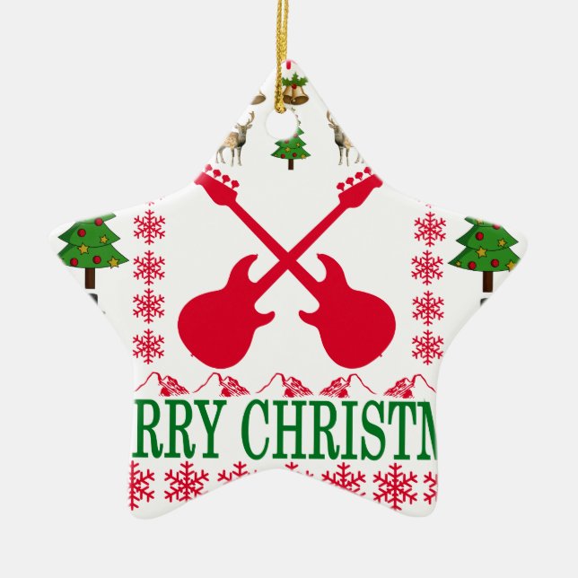 ORNEMENT ÉTOILE EN CÉRAMIQUE JOYEUX NOËL DE GUITARE BASSE. (Devant)