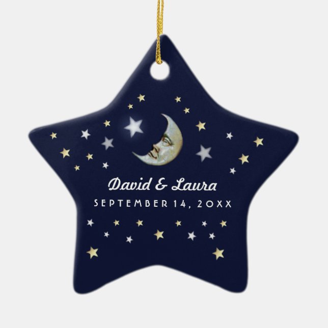 Ornement Étoile En Céramique Marine Blue Gold & White Moon & Stars Mariage Pers (Devant)