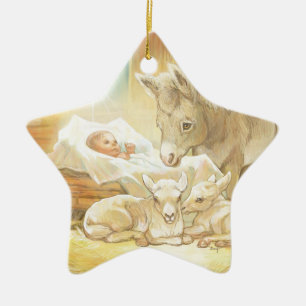 Ornement Étoile En Céramique Nativité de Jésus de bébé avec les agneaux et