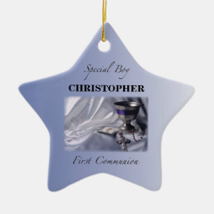 Ornement Étoile En Céramique Personnaliser, Garçon, bleu première communion