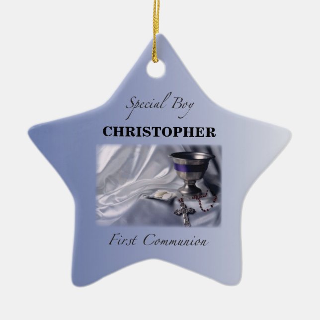 Ornement Étoile En Céramique Personnaliser, Garçon, bleu première communion (Devant)