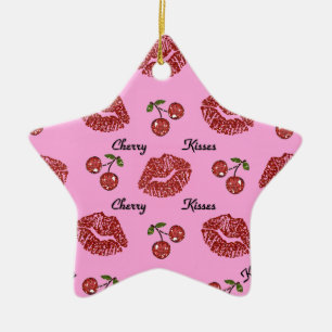 Ornement Étoile En Céramique RAB Rockabilly Cherry Kisses on Pink