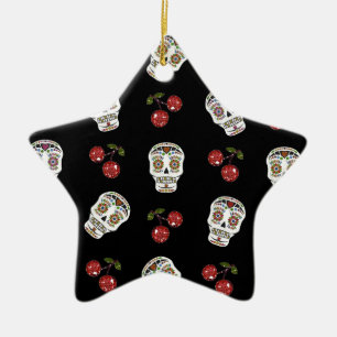 Ornement Étoile En Céramique RAB Rockabilly Sugar Skulls Cerises Sur Fond Noir